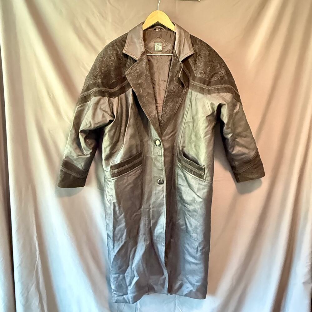 Vintage Greg Bell Black Toiled Leather Trench Coat Jacket Size L Long Paisley